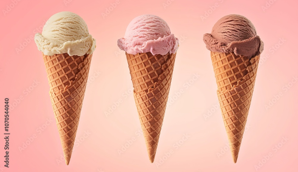 Three ice cream cones placed side by side against a soft pink background Three ice cream cones placed side by side against a soft pink background
