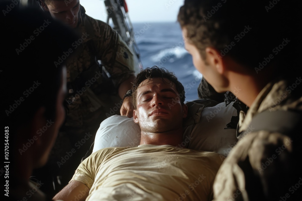 A rescue team attentively provides support to an unconscious soldier aboard a boat, highlighting teamwork and urgent care in a tense, sea-faring operation setting. A rescue team attentively provides support to an unconscious soldier aboard a boat, highlighting teamwork and urgent care in a tense, sea-faring operation setting.
