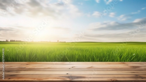 Serene Green Field with Bright Sky and Wooden Plank