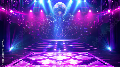Vibrant purple and blue stage with a disco ball, LED lights, and stairs leading up to the center of an empty circle for dancing. A large square tile floor in front of it is decorated with neon pink