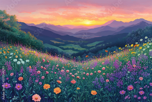 A breathtaking sunset over rolling hills covered in vibrant wildflowers, with hues of pink, purple, and orange filling the sky