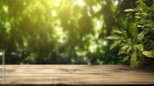 Natural Light on Wooden Table with Green Background