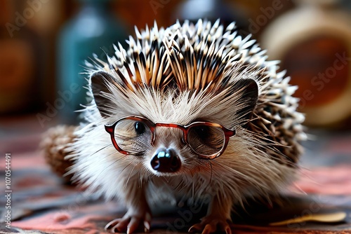 hedgehog wearing tiny glasses a tiny hedgehog sitting with minia photo