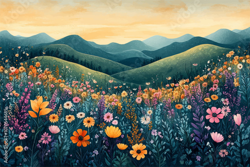 A serene landscape with lush rolling hills covered in colorful wildflowers under a soft, golden sky. The vibrant flowers in various shades create a harmonious, picturesque view of nature's beauty