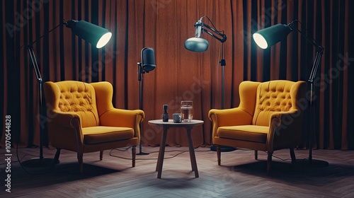 A cozy interview setup featuring two yellow wingback chairs with soft lighting and a wooden table. photo