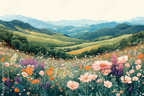 Expansive view of a lush valley filled with blooming wildflowers in vibrant colors, stretching towards rolling green hills and distant blue mountains