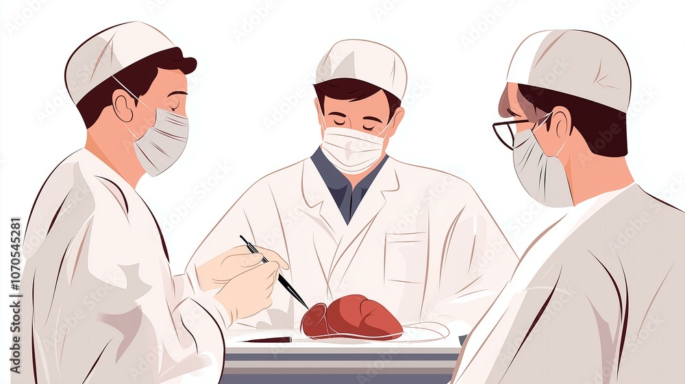 Surgeons in sterile attire focus intently on a complex surgical procedure. Surgeons in sterile attire focus intently on a complex surgical procedure.