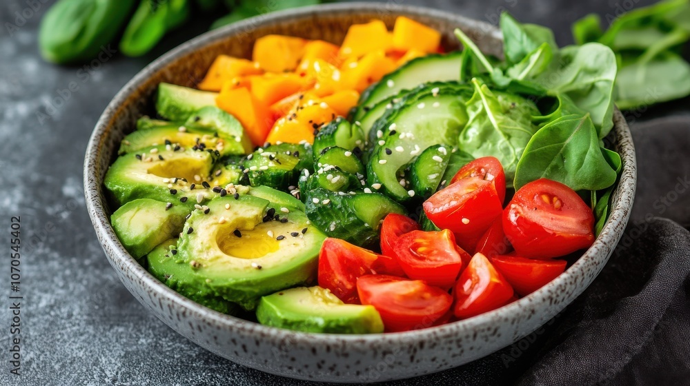 Fresh salad bowl with avocado, cucumber, tomatoes, and leafy greens Fresh salad bowl with avocado, cucumber, tomatoes, and leafy greens
