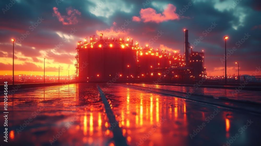 Warm Sunset Over Gas Plant at Dusk Warm Sunset Over Gas Plant at Dusk
