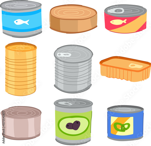 tin can set cartoon. food storage, recycling soup, lid label tin can sign. isolated symbol vector illustration