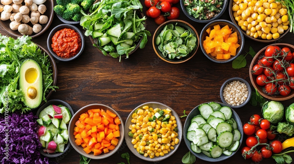 Assorted fresh vegetables in bowls on wooden background Assorted fresh vegetables in bowls on wooden background