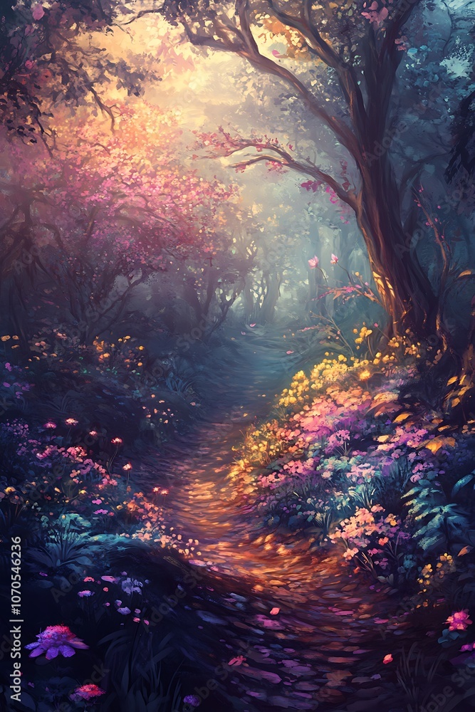 Fototapeta premium A Magical Forest Path Illuminated by Golden Sunlight