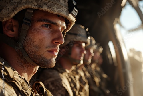 A group of soldiers in a helicopter fly towards their mission, exhibiting calmness and resilience, ready to face the challenges ahead with focus and determination. photo