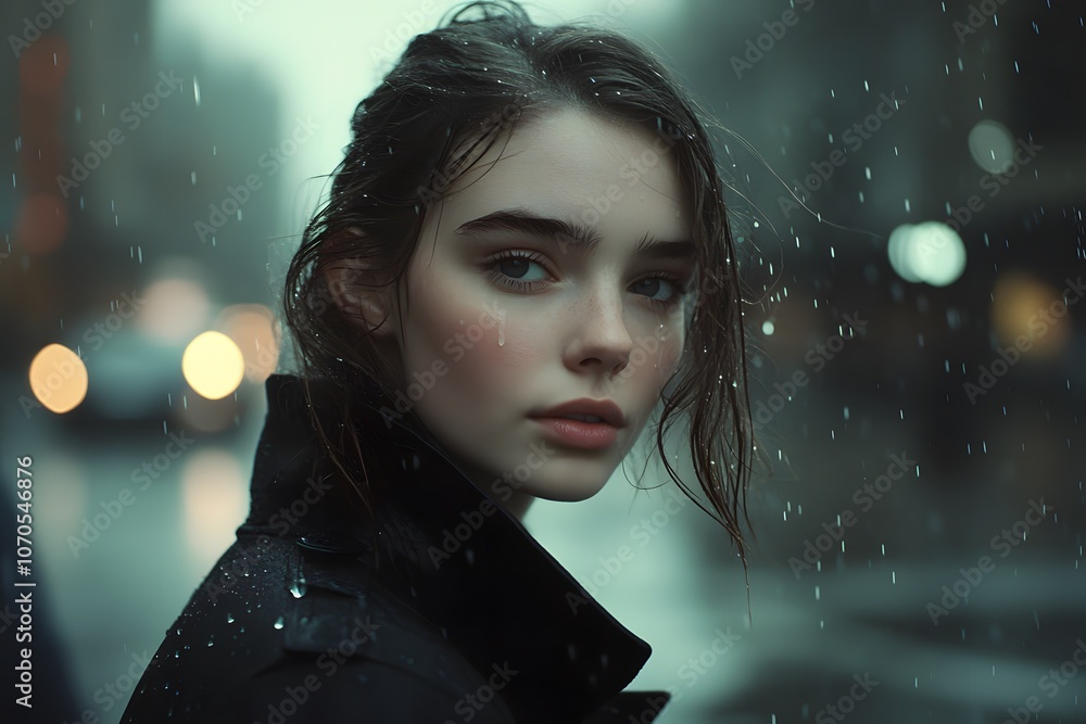 A young woman with wet hair stands in the rain, looking directly at the camera. A young woman with wet hair stands in the rain, looking directly at the camera.