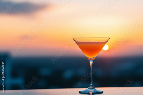 Close-up of a fancy cocktail at the rooftop bar with sunset in the background.