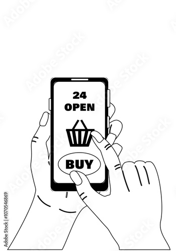 Female hands and pays for a purchase in an online store. A woman presses the buy button on the smartphone screen. Online shopping via internet, vector black and white illustration