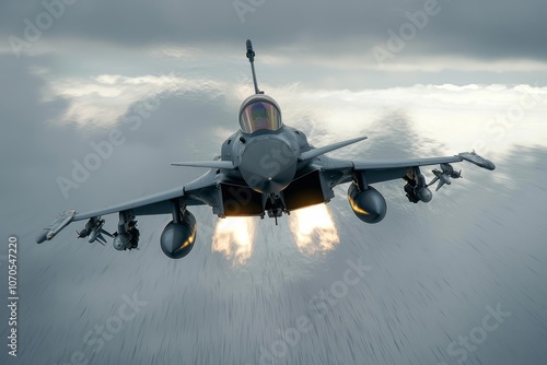 Military jet performs a dynamic maneuver under cloudy skies during an air show photo