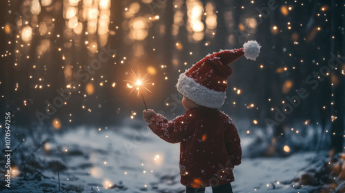 A child, warmly dressed for winter, explores a snowy forest path, with a sparkler in hand, capturing the wonder and curiosity of childhood in a dreamy setting. photo