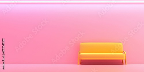 A vibrant, minimalist interior features a yellow sofa against a bright pink wall, creating a modern and playful ambiance.