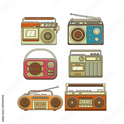 Set of retro portable stereo radio cassete recorder vector illstration