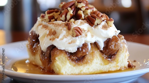 A warm, gooey cinnamon bun topped with cream cheese icing and pecans 