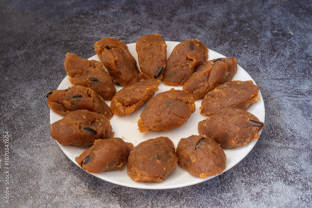 Turkish traditional homemade pine peanut flour halva, Turkish dessert.