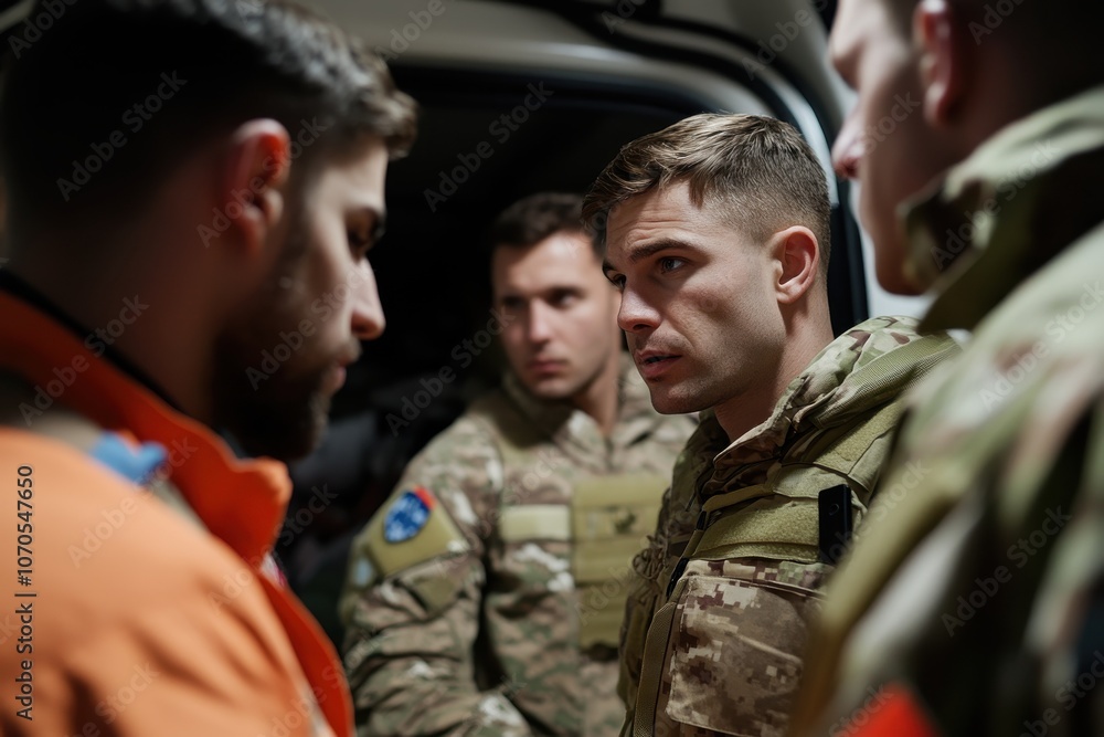 A military team engaged in a serious discussion, highlighting strategic planning and collaboration, crucial for the success of difficult operations. A military team engaged in a serious discussion, highlighting strategic planning and collaboration, crucial for the success of difficult operations.