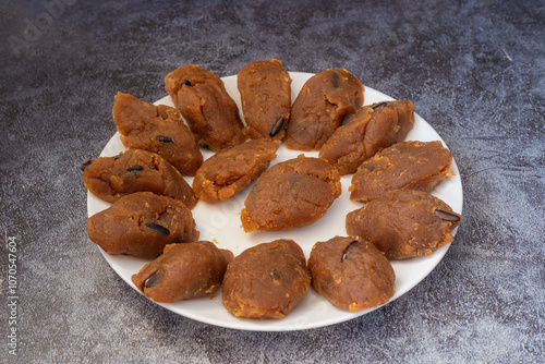 Turkish traditional homemade pine peanut flour halva, Turkish dessert. photo