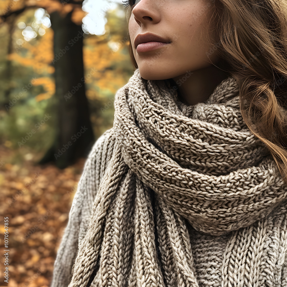 A close-up portrait of a woman with piercing eyes wrapped in a large knit scarf, capturing the softness and depth of winter fashion A close-up portrait of a woman with piercing eyes wrapped in a large knit scarf, capturing the softness and depth of winter fashion
