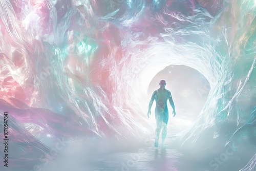 Ethereal being walking through a colorful portal in a surreal landscape during twilight hours. Generative AI