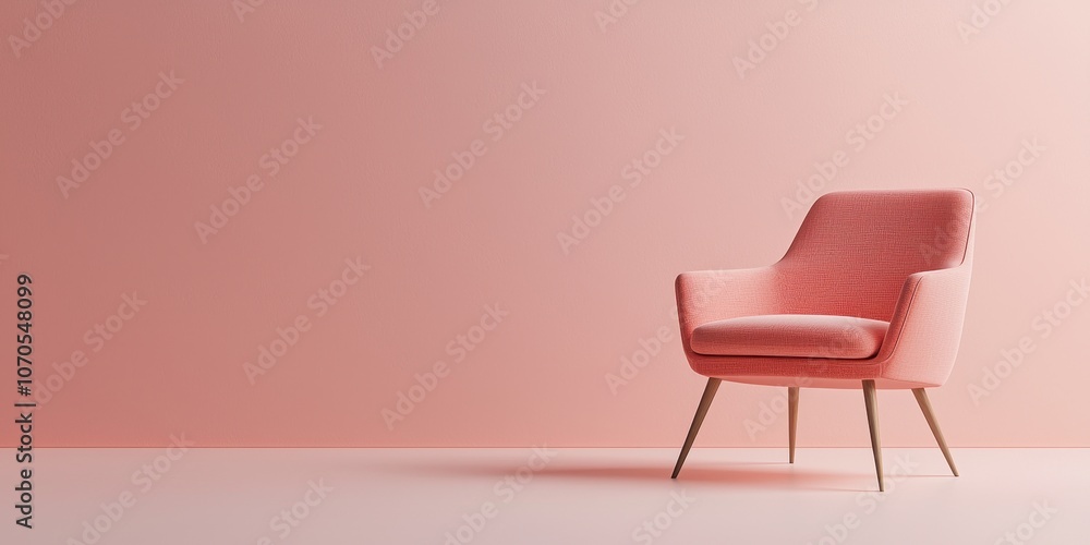 Obraz premium A stylish, modern armchair in a soft pink hue, placed against a matching pink wall, creating a minimalist and inviting aesthetic.