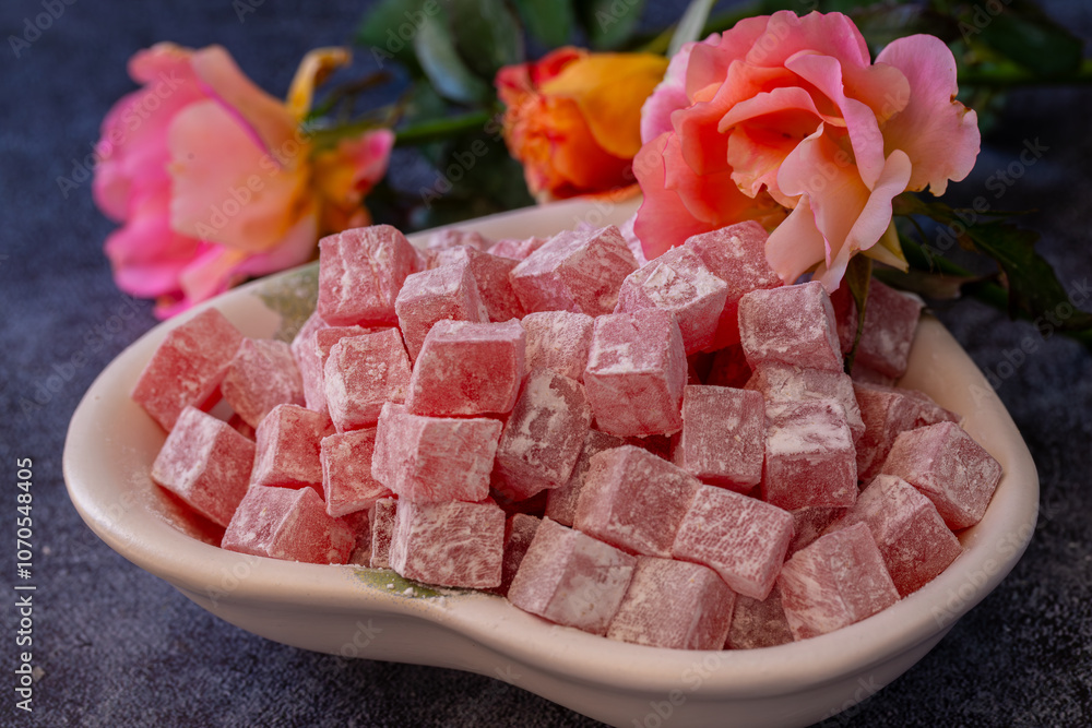 Türkish Isparta's rose delight. Rose flavored, fragrant fresh delight.