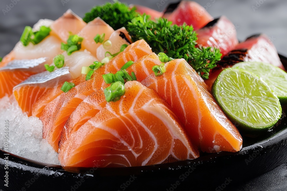 Freshly sliced salmon and tuna sashimi served with lime and garnished with herbs Freshly sliced salmon and tuna sashimi served with lime and garnished with herbs