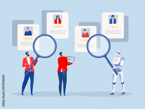 Human resources search, Recruitment hiring process to choose candidate to fit job position, business people HR with magnifier to choose choose candidate resume.vector illustrator