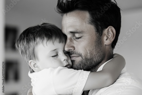 A father embraces his young son warmly, capturing a tender moment of familial love and security. The black and white style deepens the emotional resonance of the image. photo