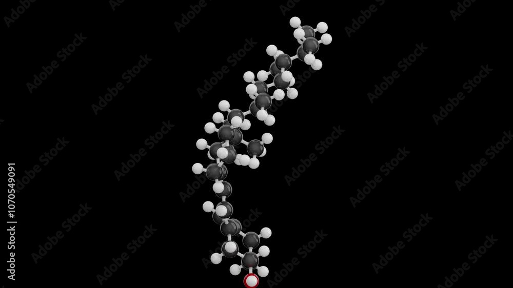 D4 vitamin. Animated 3d model of molecule. Molecular formula: C28H46O.Chemical model: Ball and Stick. Black background. Isolated. 3D rendering. Seamless loop D4 vitamin. Animated 3d model of molecule. Molecular formula: C28H46O.Chemical model: Ball and Stick. Black background. Isolated. 3D rendering. Seamless loop