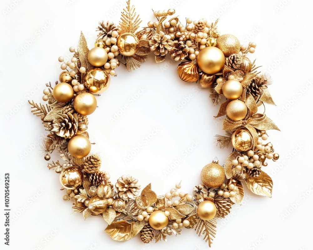 Gold Christmas Wreath. Festive Card with Golden Baubles, Berries, and Bow on White Background Gold Christmas Wreath. Festive Card with Golden Baubles, Berries, and Bow on White Background