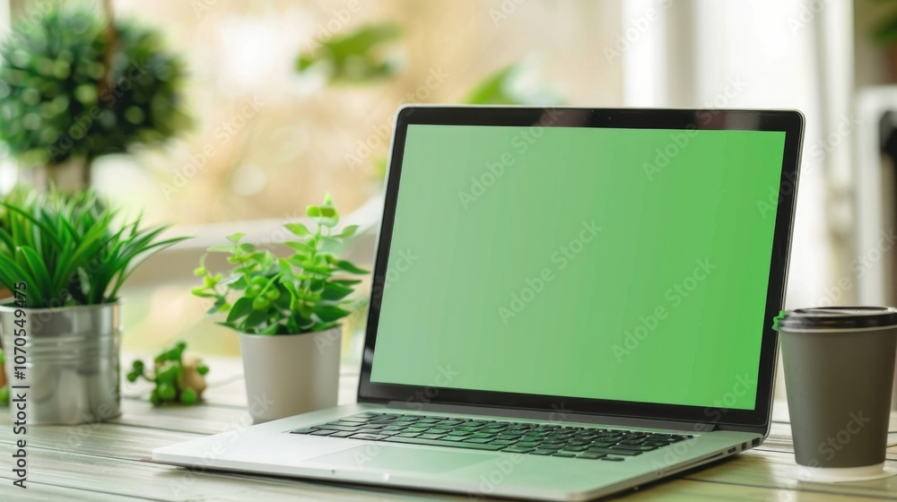 Green Screen Computer Mock-up on Office Desk for Business Presentation Green Screen Computer Mock-up on Office Desk for Business Presentation