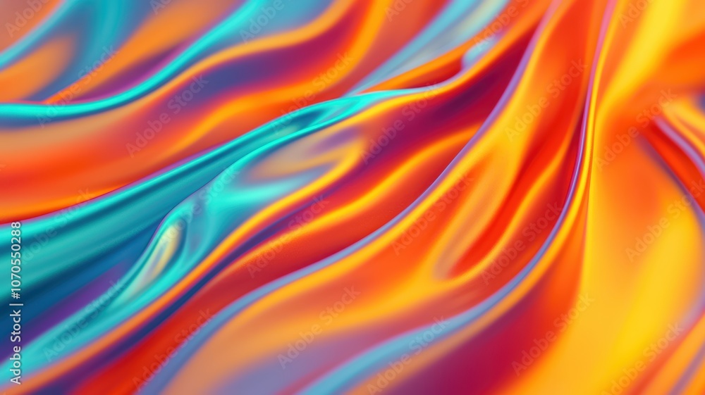 Fototapeta premium A vibrant, flowing fabric with colorful gradients of orange, blue, and teal, creating a dynamic and artistic visual effect.