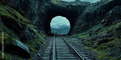 Rusty train tracks disappear into a dark mine tunnel, carved into the mountains near Nabesna, Alaska. photo