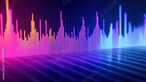 A vibrant audio waveform visualization in purple, blue, and pink tones, representing sound frequencies and music rhythms in a digital format.