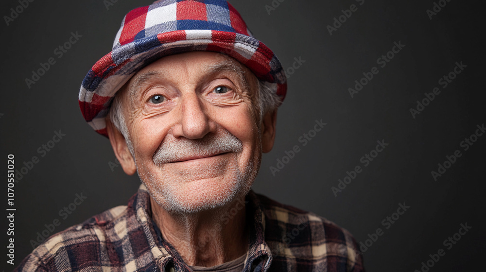 An older elderly senior man smiling wearing a checkered red white blue hat with brown flannel shirt studio shot An older elderly senior man smiling wearing a checkered red white blue hat with brown flannel shirt studio shot