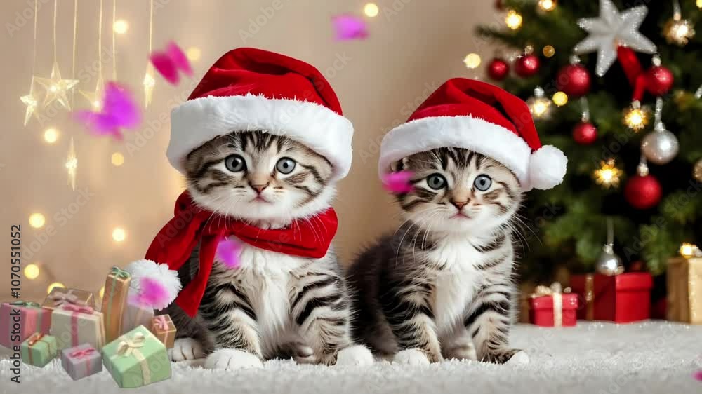 cat in santa claus hat with christmas tree cat in santa claus hat with christmas tree