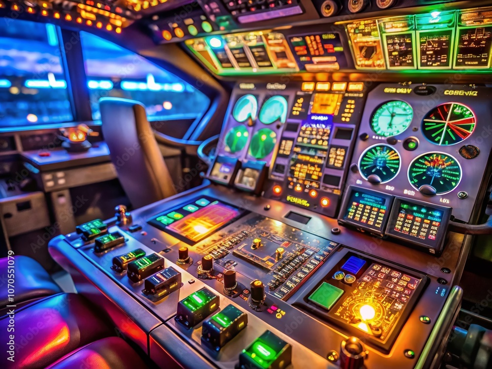 Closeup of Aircraft Cockpit Control Panel Featuring Illuminated Buttons and Displays in a Detailed Candid Photography Style, Capturing the Intricacies of Flight Instruments and Navigation Systems