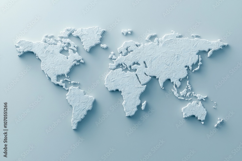 A textured white world map featuring continents and countries on a light background A textured white world map featuring continents and countries on a light background