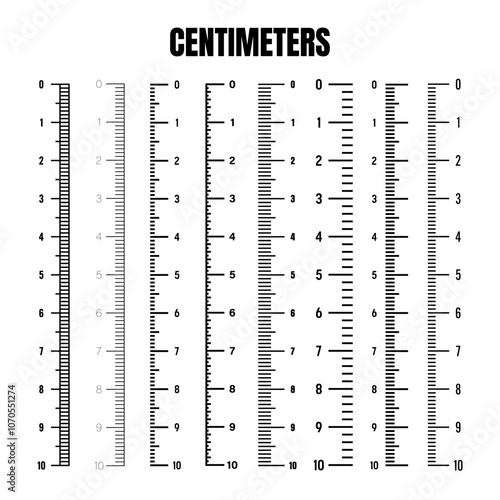 Vertical centimeter scale for measuring length or height. Various measurement scales with divisions. Ruler, tape measure marks, size indicators. Vector illustration