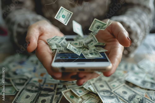 Someone holds a phone with a money counter sticking out of the screen. and very happy people.