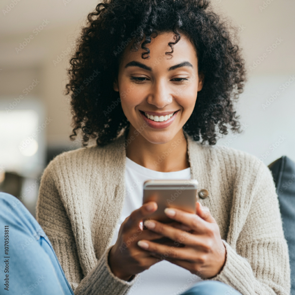 A smiling woman casually holding her mobile phone, looking at the screen with a warm, happy expression A smiling woman casually holding her mobile phone, looking at the screen with a warm, happy expression