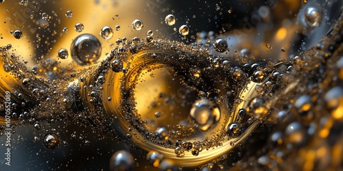 Shiny gold and black inks mix with bubbles, making a fancy, swirling pattern that looks like liquid metal. photo