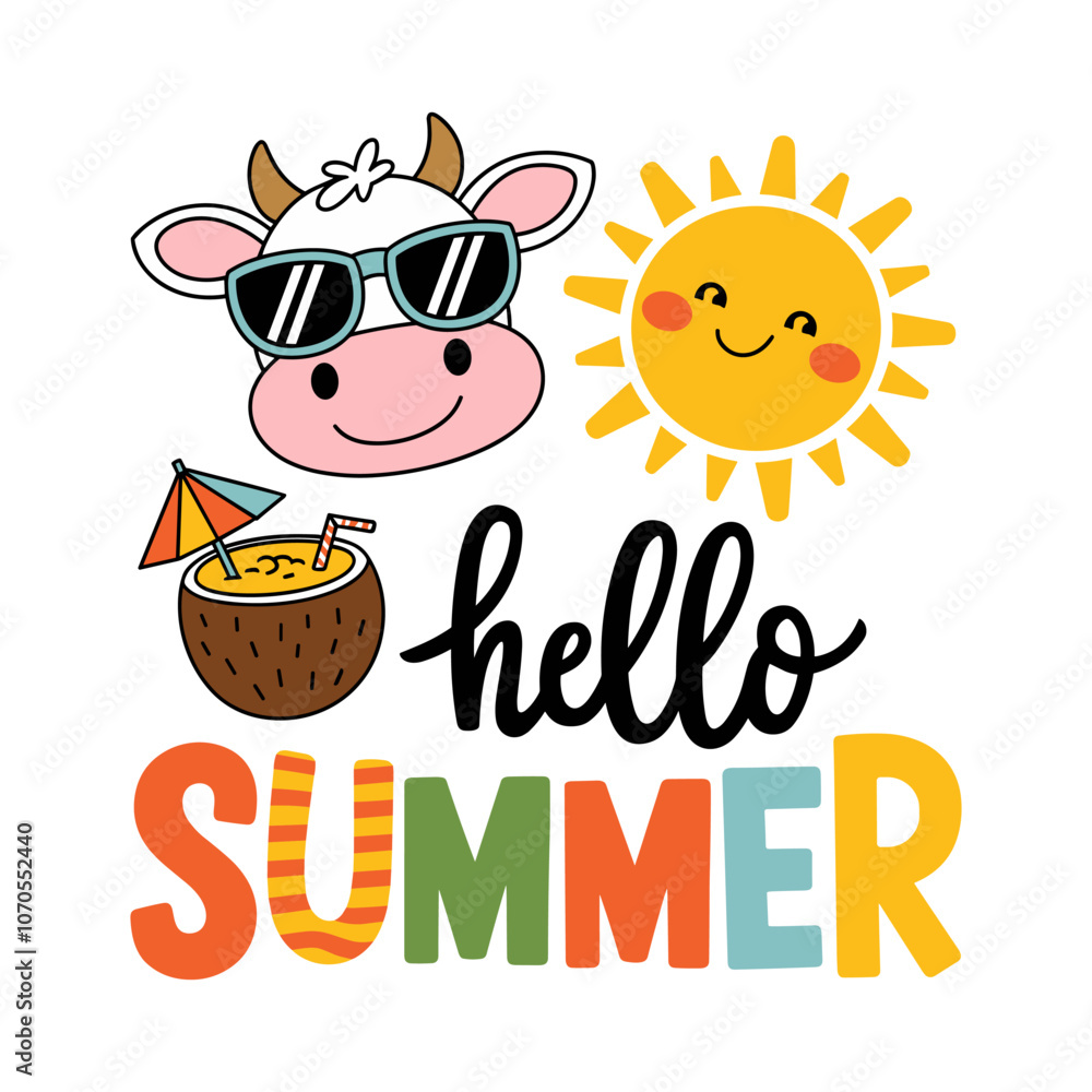 Fototapeta premium A cow wearing sunglasses and a sun hat is smiling and holding an umbrella. Text image Hello summer